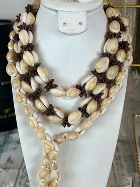 Handcrafted Cream Shell and Brown Seed Strand Necklace